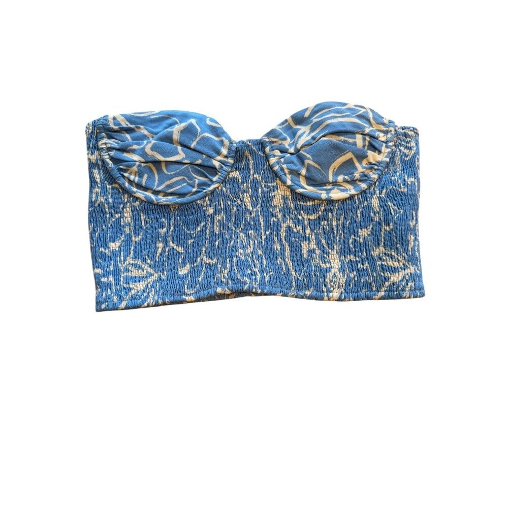 Zara Blue White Abstract Floral Smocked Strapless Crop Top Bandeau Small